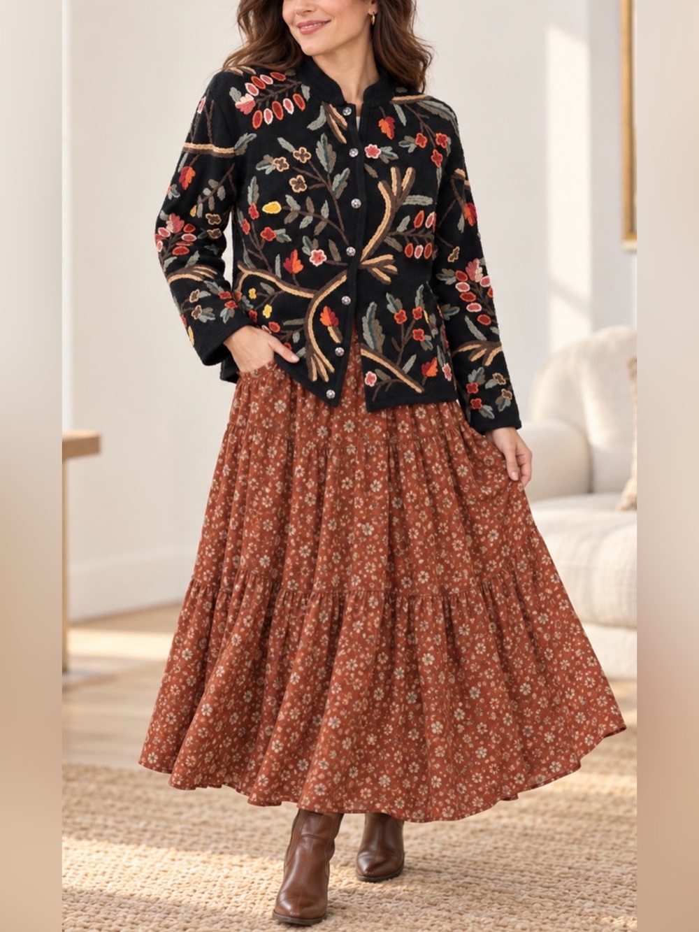 Black Embroidered Floral Cardigan Wool Blend